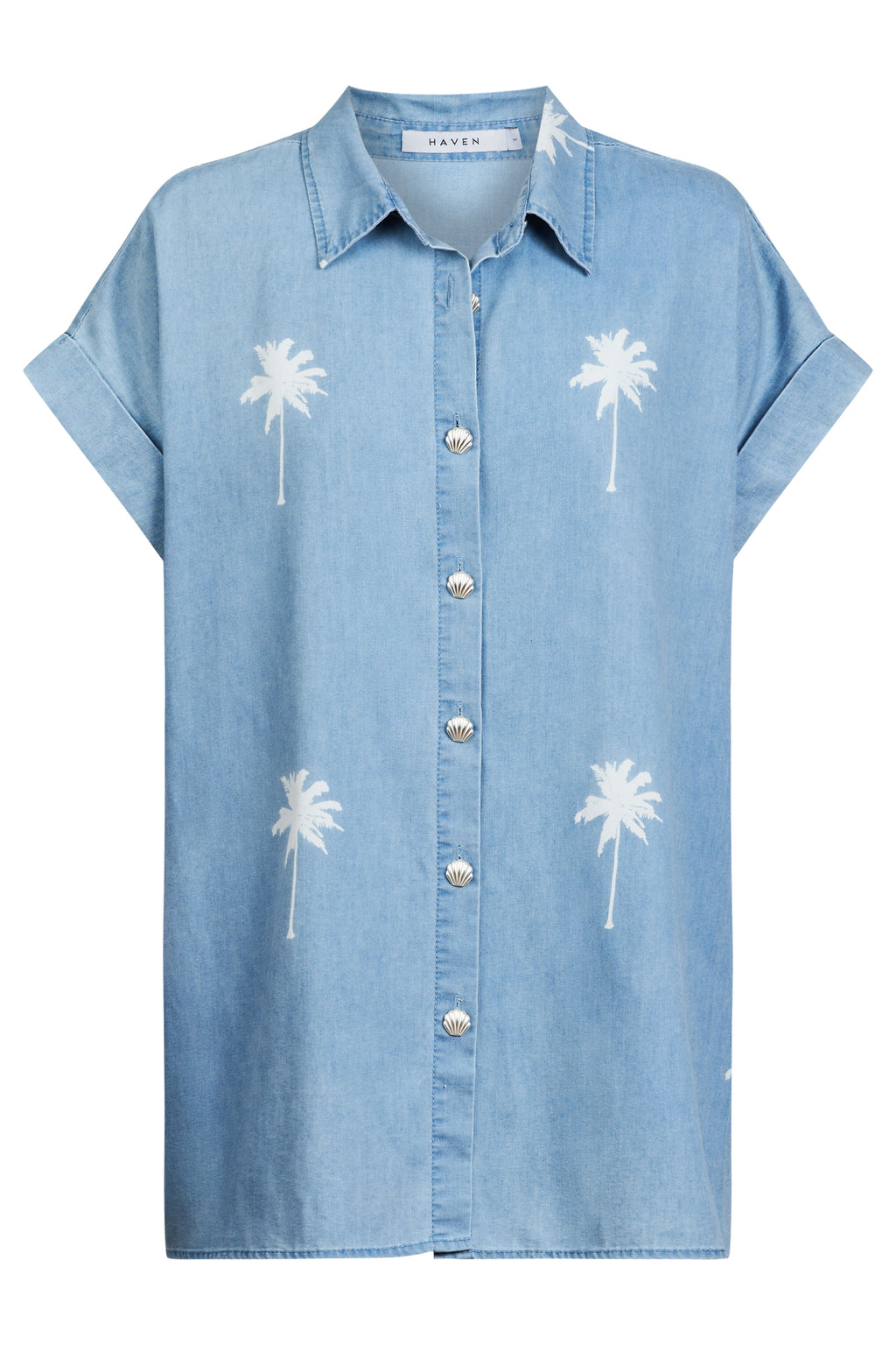 Blue denim shirt with white palm tree designs on a white background