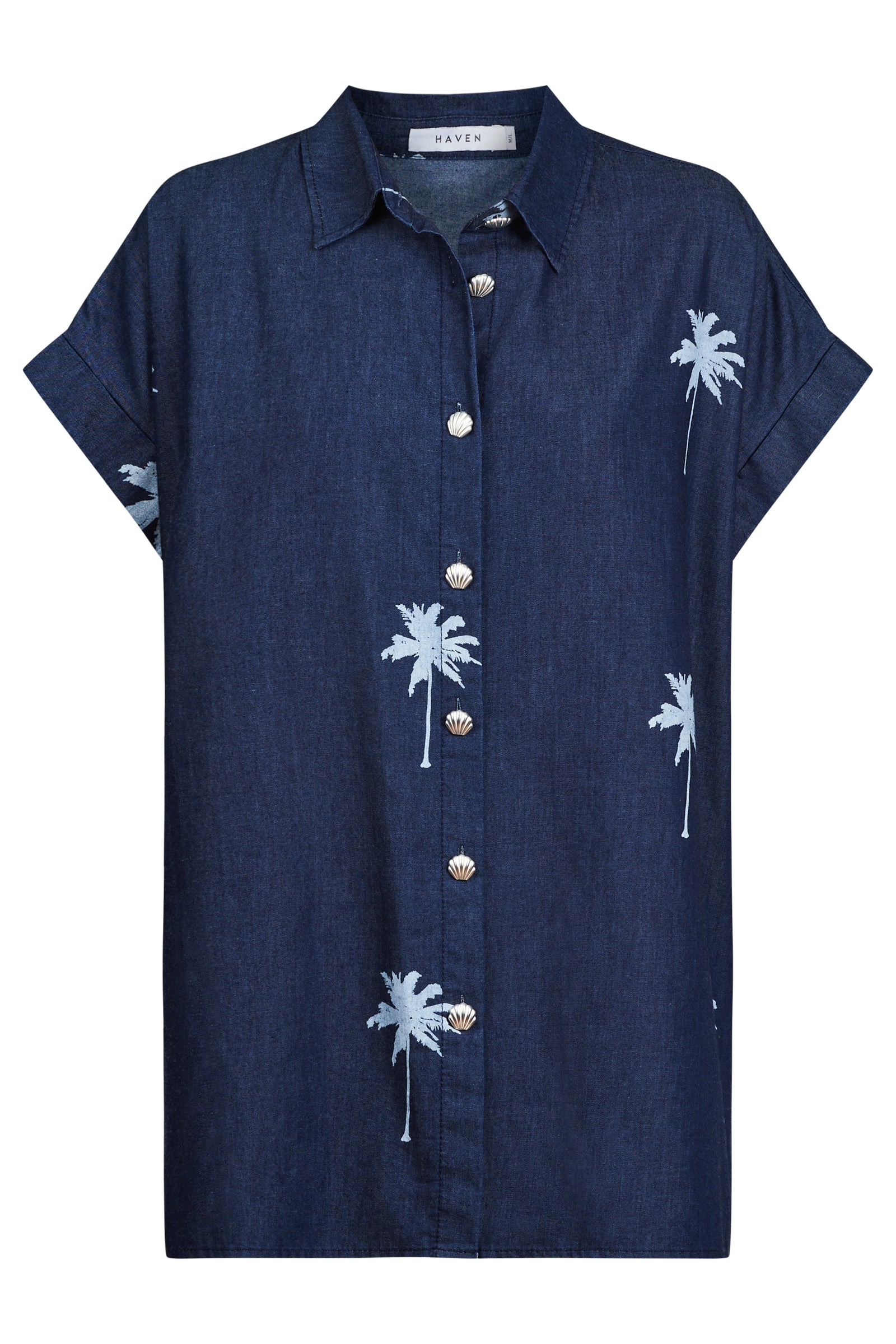 Navy blue shirt with palm tree patterns on a white background