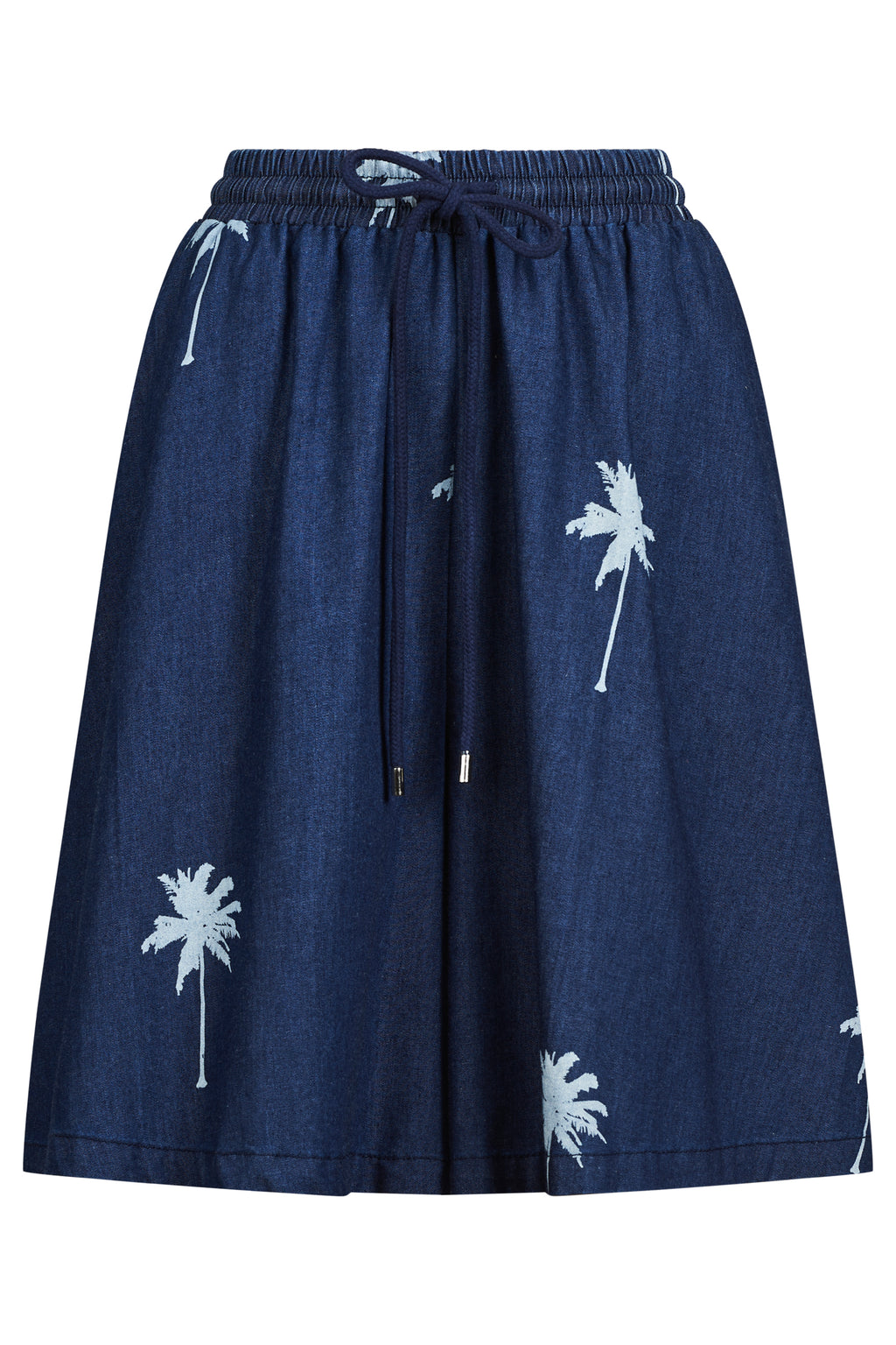Navy blue skirt with white palm tree patterns on a white background