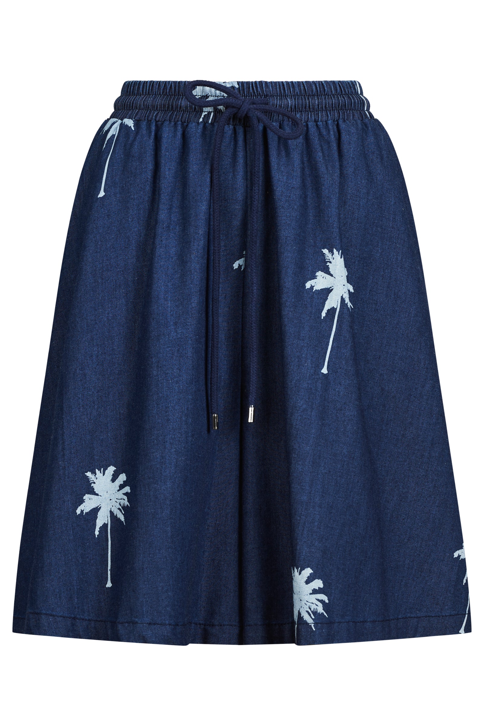 Navy blue skirt with white palm tree patterns on a white background