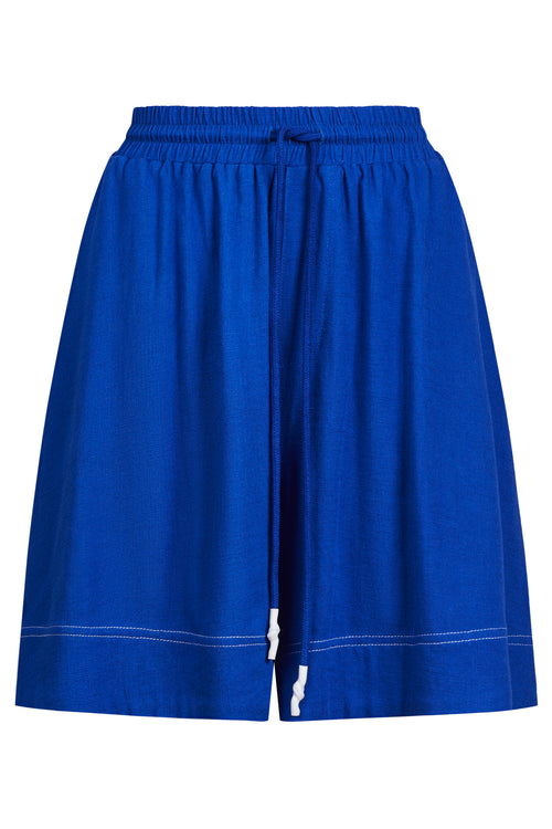 Blue shorts with a drawstring on a white background