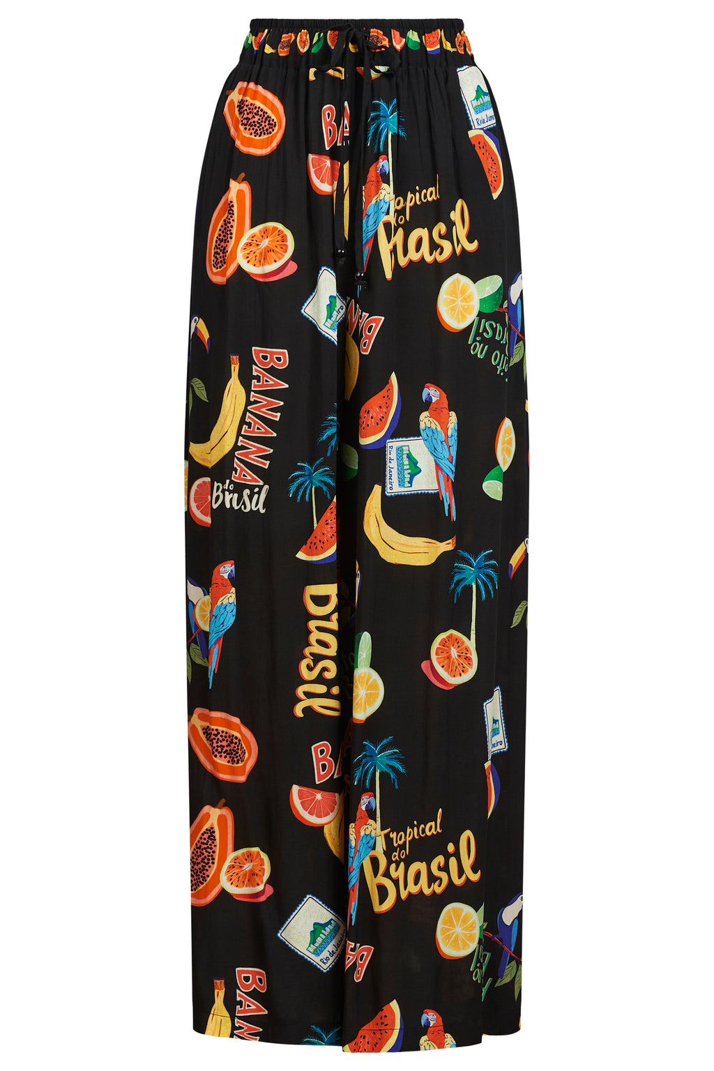 Black pants with colorful tropical fruit and Brazilian-themed print on a white background