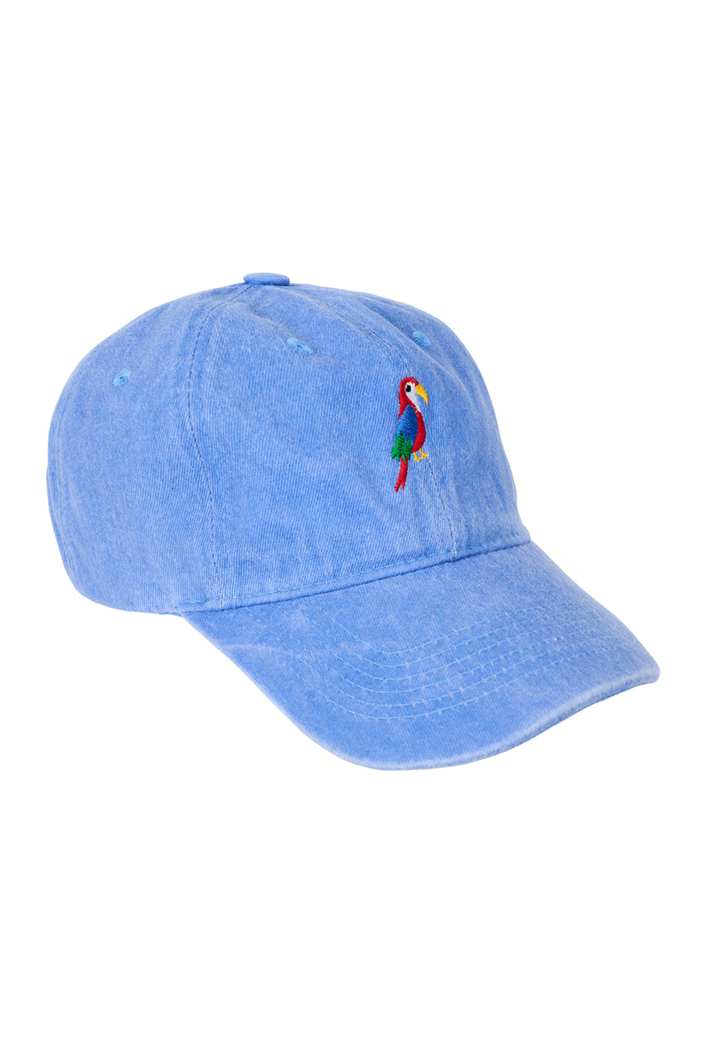 Blue denim cap with a parrot embroidery on a white background