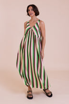Nomads V-Neck Stripe Midi Dress – Bright Green & Pink