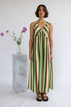 Nomads V-Neck Stripe Midi Dress – Bright Green & Pink