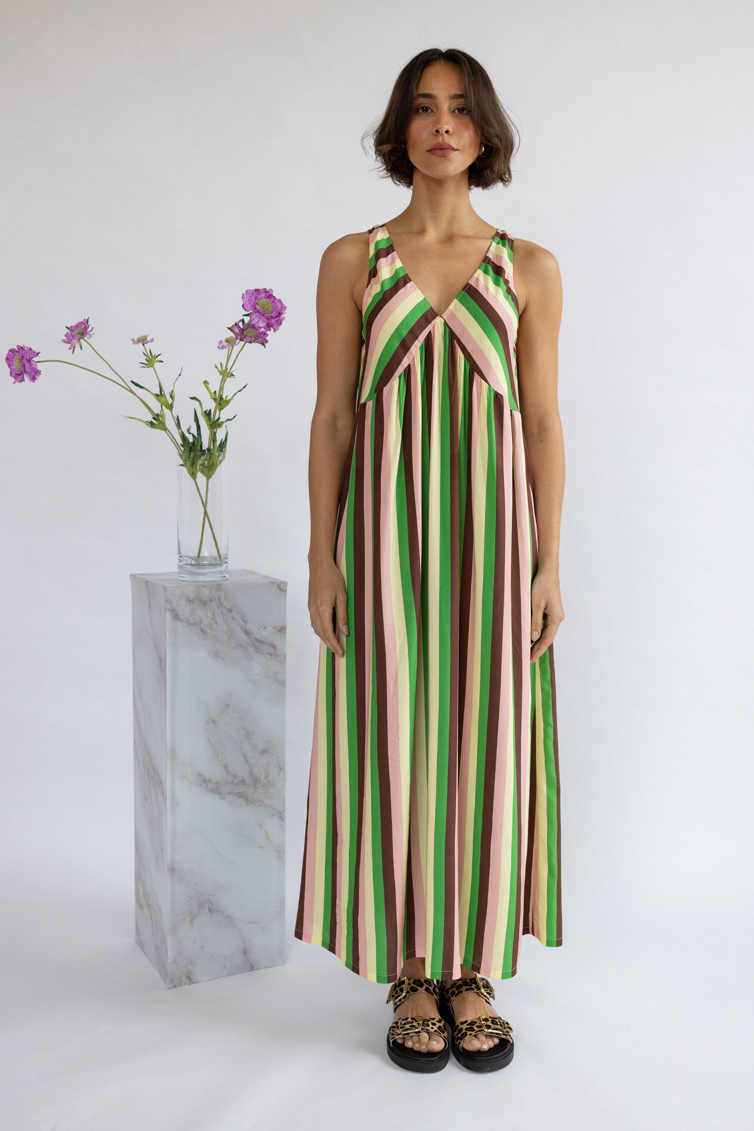 Nomads V-Neck Stripe Midi Dress – Bright Green & Pink