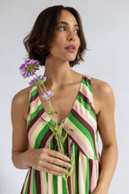 Nomads V-Neck Stripe Midi Dress – Bright Green & Pink