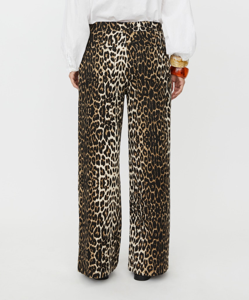 Leopard print pants worn by a person on a white background