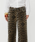 Person wearing leopard print pants with a white shirt on a plain background