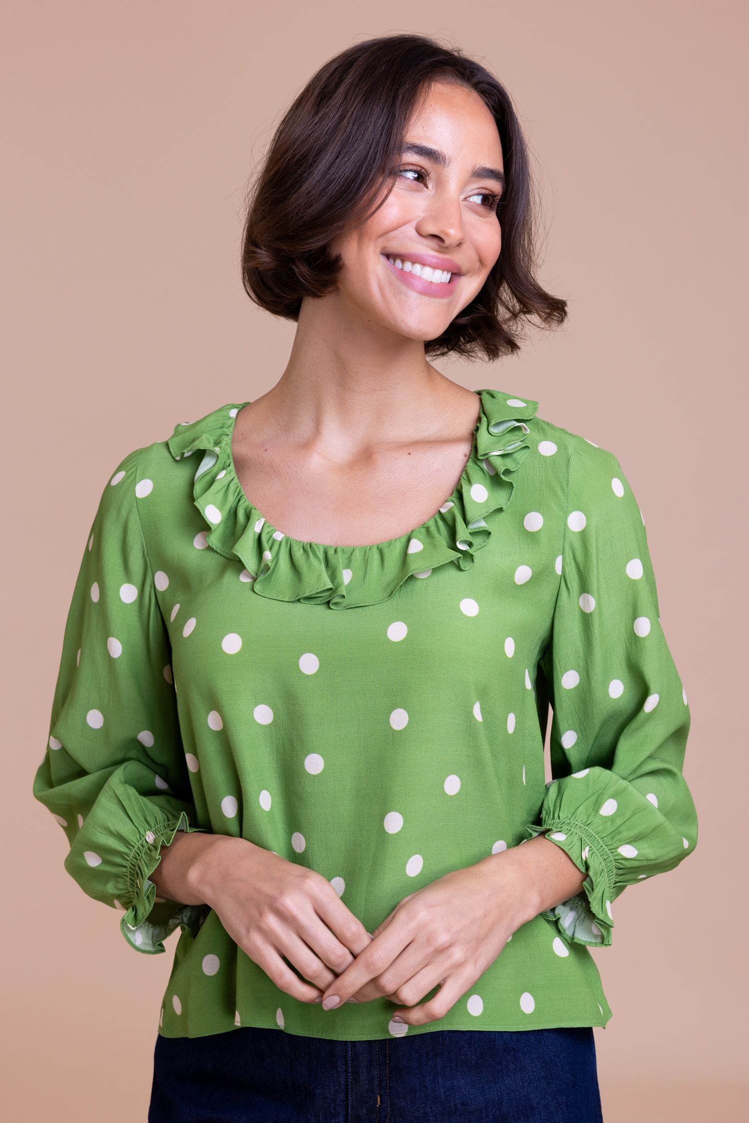 Nomads Ruffle Neck Polka Dot Blouse – Meadow Green