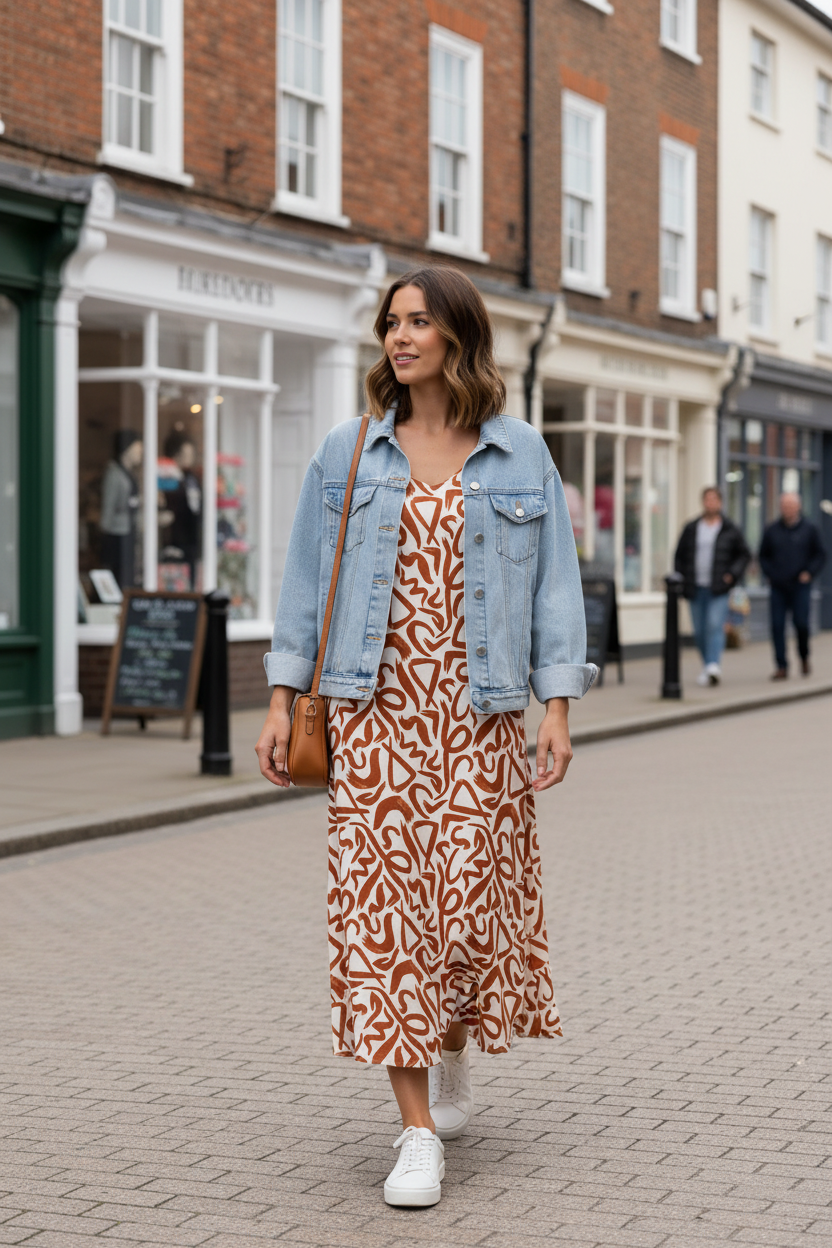 Geometric print dress English town scene