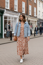 Geometric print dress English town scene
