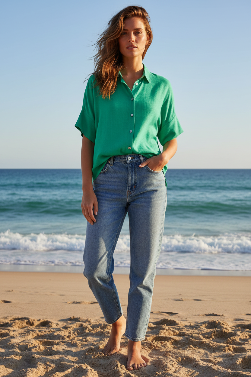 Green Haven Shirt with Jeans Beach Setting