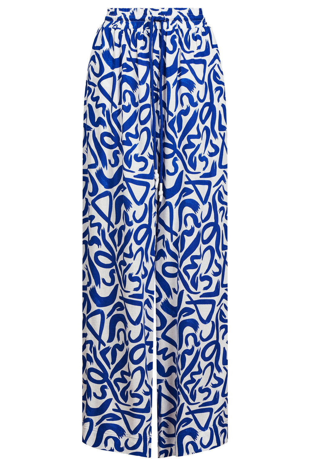 Blue and white patterned pants on a white background