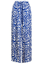 Blue and white patterned pants on a white background
