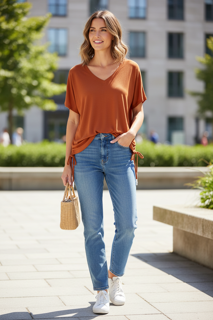 Rust orange top untucked with jeans and trainers