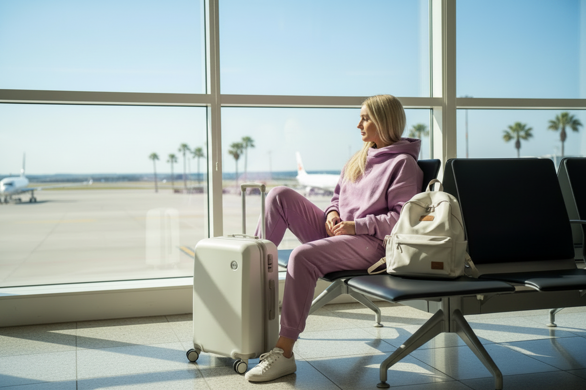 Woman in lavender hoodie on holiday, no cup